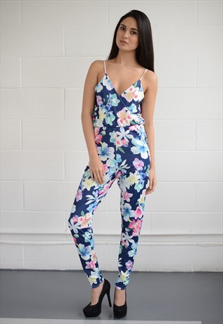 NEW WOMENS LADIES FLORAL NAVY CATSUIT JUMPSUIT PLAYSUIT