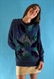 VINTAGE 1980S KNITTED BLUE ABSTRACT PATTERN JUMPER.