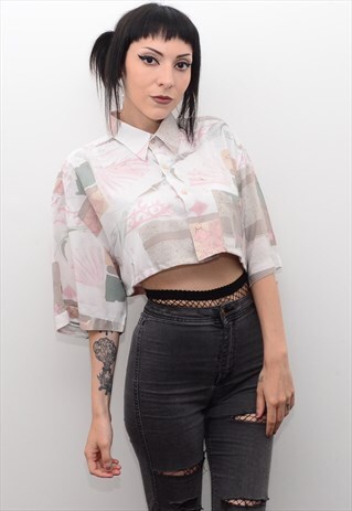 VINTAGE 90'S PASTEL ABSTRACT PATTERN REWORKED CROPPED SHIRT
