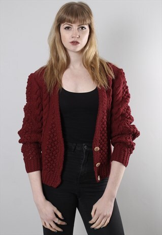 VINTAGE 80S MAROON CHUNKY CABLE KNIT WOOL CARDIGAN