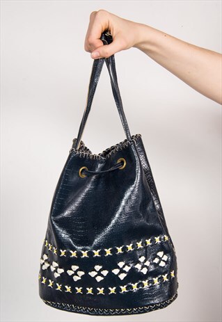 VINTAGE 70'S HIPPIE STYLE BLUE FAUX LEATHER BAG