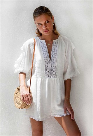 BOHEMIAN LOOSE FIT JUMPSUIT WHITE COTTON ROMPER WITH SLEEVES