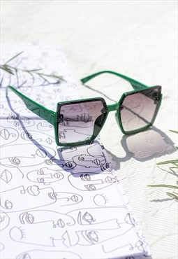 Green Rimless Square Edge Front Lens Sunglasses