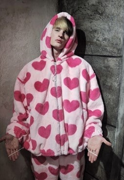 Heart fleece Bomber handmade fauxfur love jacket pastel pink