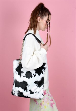 COW PRINT FURRY TOTE BAG