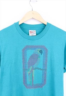 Vintage Parrot Beaded T Shirt Blue Short Sleeve With Print 