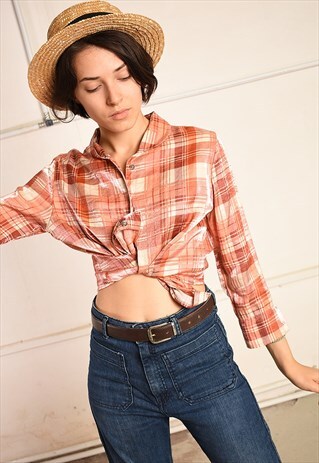80'S RETRO SHIMMER PARIS CHIC TARTAN BIBA SHIRT BLOUSE