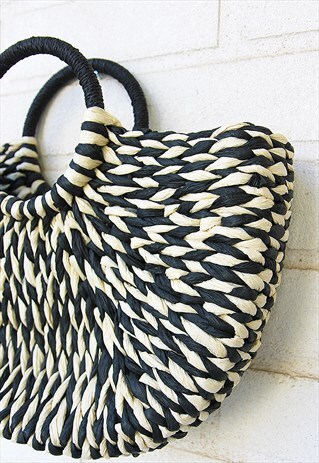 LARGE BLACK & WHITE STRAW TOTE BAG