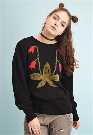 80'S RETRO FLORAL PATTERN MOMS KNIT JUMPER