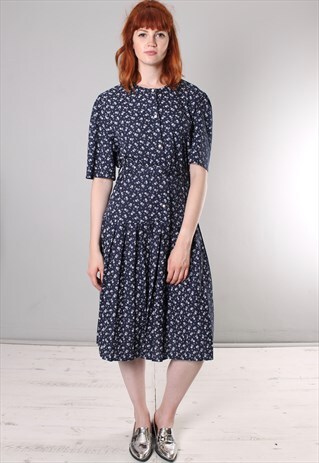 VINTAGE 80S FLORAL PATTERNED BELTED PLEATED DRESS