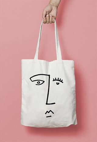 FACE LINE DRAWING PRINT COTTON TOTE BAG SHOPPER BLACK WHITE