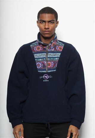 VINTAGE DIADORA LOGO 1/4 ZIP FLEECE PATTERN BLUE