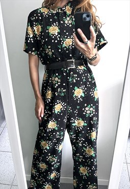 Black Floral One Piece Pants Suit / Jumpsuit / Dungarees