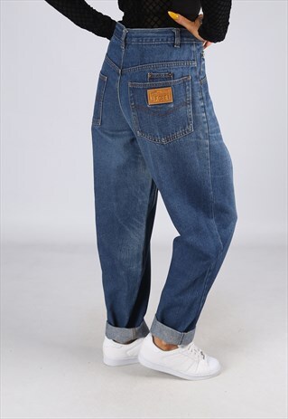 HIGH WAISTED DENIM JEANS WIDE TAPERED LEG UK 12 - 14 (25S)