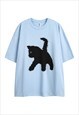 BLACK CAT T-SHIRT KITTEN PRINT TOP GRUNGE TEE IN PASTEL BLUE