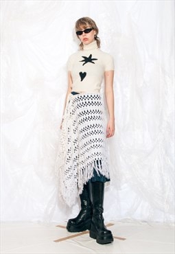 Vintage 70s Reworked Scarf Midi Skirt in White Crochet