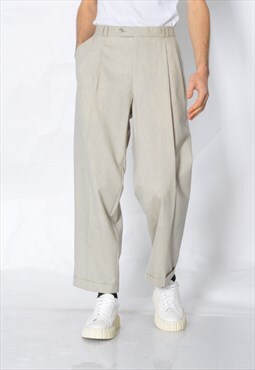 Vintage Beige Minimalist Lightweight Wool Pleated Mens Pants