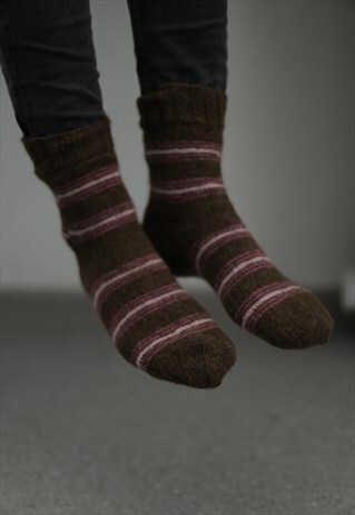 BROWN STRIPED HANDMADE KNITTED WOOL SOCKS