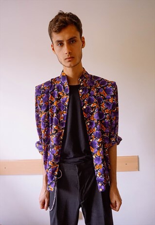 VINTAGE PEARL BUTTON FLOWER PATTERNED PURPLE SHIRT