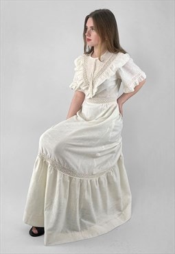 70's Vintage Cream Cheesecloth Cotton Ruffle Maxi Dress