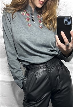 Gray Cute Embroidered Tunic / Blouse - M - L