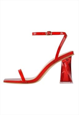 Square Open Toe High Heels Red Sandals