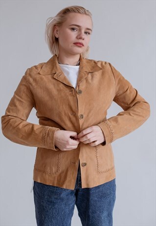 VINTAGE FITTED BUTTON UP SOFT SUEDE WOMEN JACKET IN BROWN S