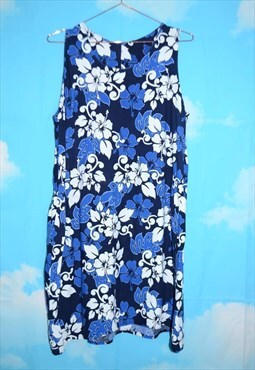 Vintage 90's Blue Hawaiian Print Summer Mini Dress 