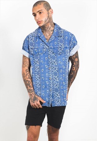 VINTAGE 80S CRAZY PRINT SHORT SLEEVES SHIRT / S3319