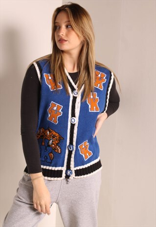 VINTAGE USA COLLEGE PREPPY SLEEVELESS CARDIGAN BLUE