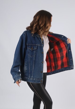 VINTAGE DENIM JACKET OVERSIZED CHECKED LINED UK 16 XL (O1C)