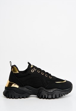 Volos Chunky Sole Gold Trim Trainer in Black