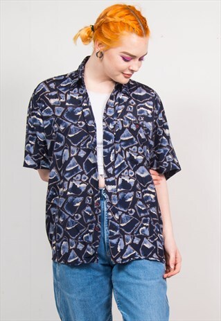 VINTAGE 90'S DARK BLUE ABSTRACT PATTERN OVERSIZED SHIRT