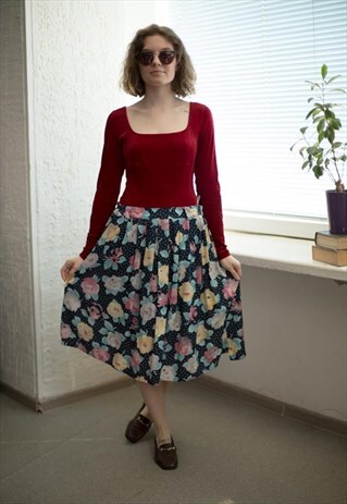 VINTAGE 80'S MIDI NAVY PATTERNED SKIRT