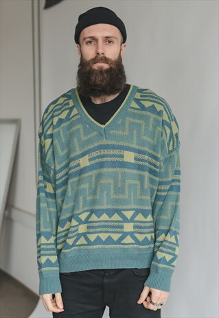 VINTAGE 80S GREEN FUNKY V-NECK JUMPER