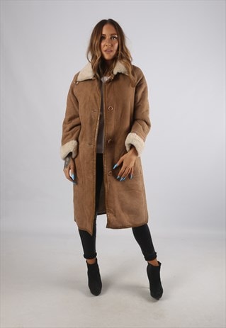 VINTAGE SHEEPSKIN SUEDE SHEARLING COAT LONG UK S 10 (94H)
