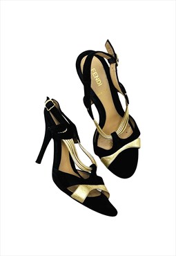 Fendi Heels Sandals Black Gold Open Toe Vintage EU 37