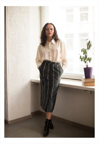 VINTAGE 90'S GREY STRIPED BUTTONS UP MIDI SKIRT