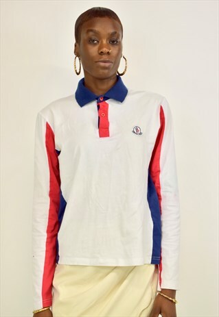 VINTAGE 90S WHITE BLUE AND RED MONCLER LONG SLEEVE POLO