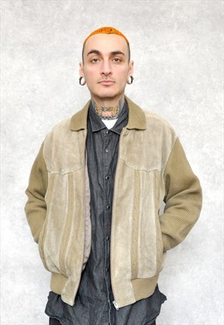 VTG 70 BROWN SUEDE LEATHER KNIT CARDIGAN