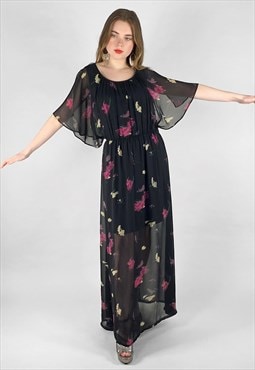 Vintage 70's Black Floral Fluted SleeveFloral  Maxi Dress