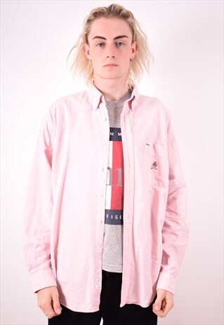 TOMMY HILFIGER MENS VINTAGE SHIRT LARGE PINK 90S