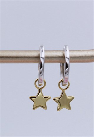STERLING SILVER & 18CT YELLOW GOLD VERMEIL STAR HUGGIE HOOPS