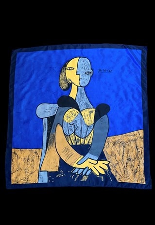 80'S VINTAGE PICASSO PRINT ABSTRACT BLUE YELLOW SCARF