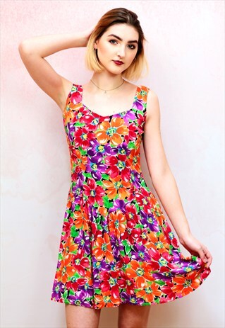 1980S VINTAGE VIBRANT FLORAL PRINT SUMMER MINI DRESS