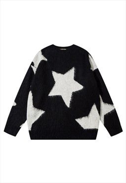 Fluffy sweater star print fleece knitted soft jumper black