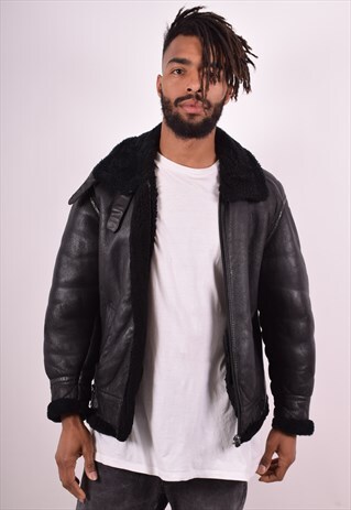 MENS VINTAGE SHERPA LEATHER JACKET LARGE BLACK 90S