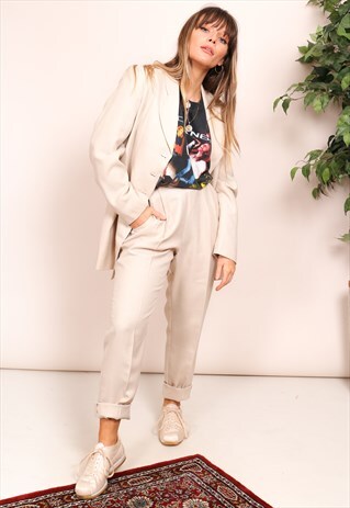 VINTAGE 80S CREAM LINEN TROUSER & BLAZER SUIT