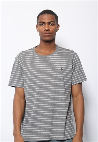 VINTAGE RALPH LAUREN STRIPED LOGO T-SHIRT GREY