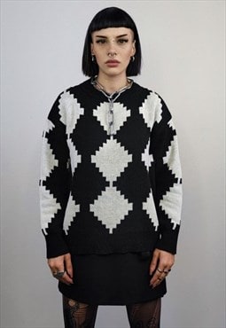 Big check sweater knitted chess jumper chequerboard top